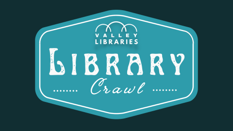 Black background with a blue octagon that reads Library Crawl