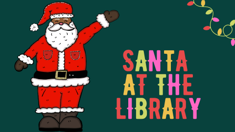 Logo of Santa at the Library, plus Christmas lights and a cartoon image of a dark-skinned Santa Claus with a white beard.