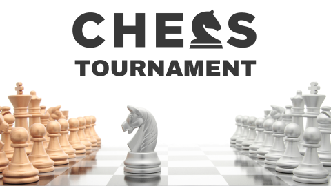 the words "chess tournament" on top of a chess board with pieces on the left and right.