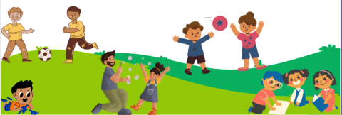 a field outside with two boys playing soccer, one boy playing with dinosaur figurine, father and child blowing bubbles, a boy and a girl playing throwing a ball together, and three children reading together