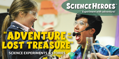 A woman and a young girl, both in goggles, work on a science experiment. Text reads "Adventures of the Lost Treasure: Science Experiments and Stories."