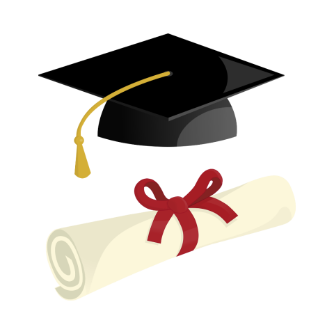 diploma wrapped in red ribbon below a graduation cap