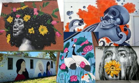 5 murals, woman with pink and yellow flowers in hair, an octopus with orange spray paint cloud around, three women standing facing each other, two cranes with a background of pink flowers and pond scene, a woman with a yellow flower in her mouth