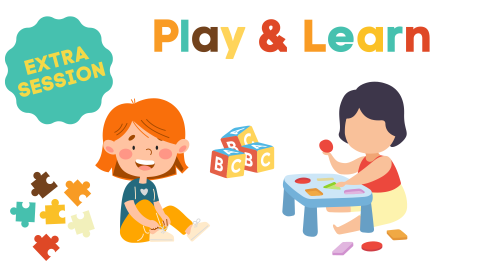 Two children play with blocks and puzzles. Text reads "Play & Learn: Extra Session."