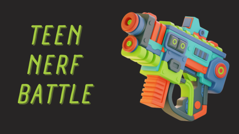 Brightly colored Nerf blaster on a dark background, accompanied by the words "Teen Nerf Battle"