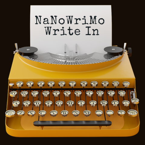 yellow typewriter with the words, "NaNoWriMo Write in" on the page attached to the typewriter.