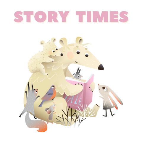 A cartoon white bear reads a pink book to a bear cub, clinging to her back, and a collection of cute forest creatures, underneath the words "Story Times."