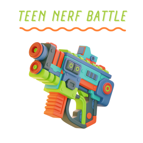 Brightly colored Nerf blaster on a white background, accompanied by the words "Teen Nerf Battle"