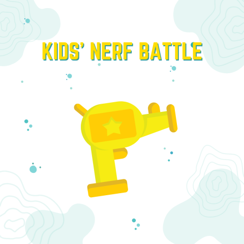 Brightly colored Nerf blaster on a light background, accompanied by the words "Kids' Nerf Battle."