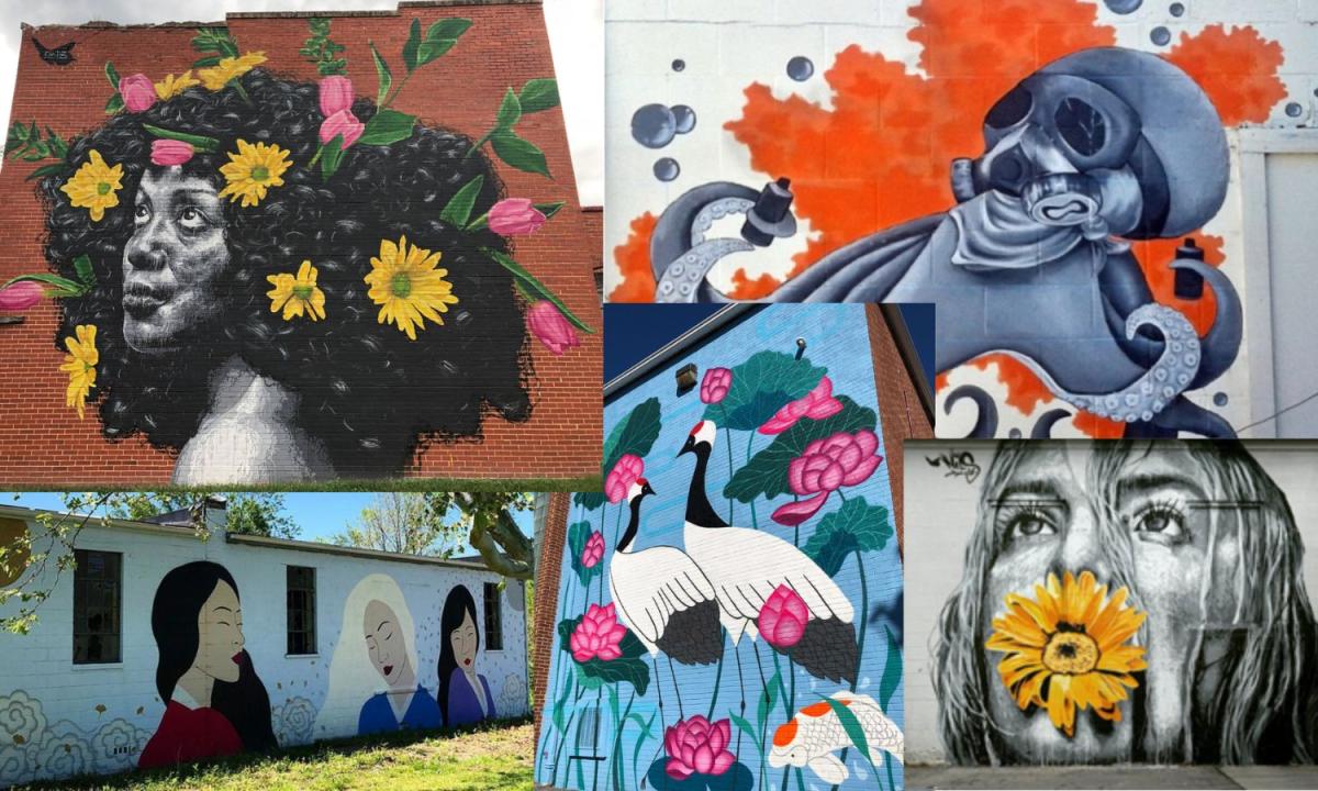 5 different murals: 1 octopus, 2 women with flowers, 3 women standing together, and 2 birds together with a koi fish