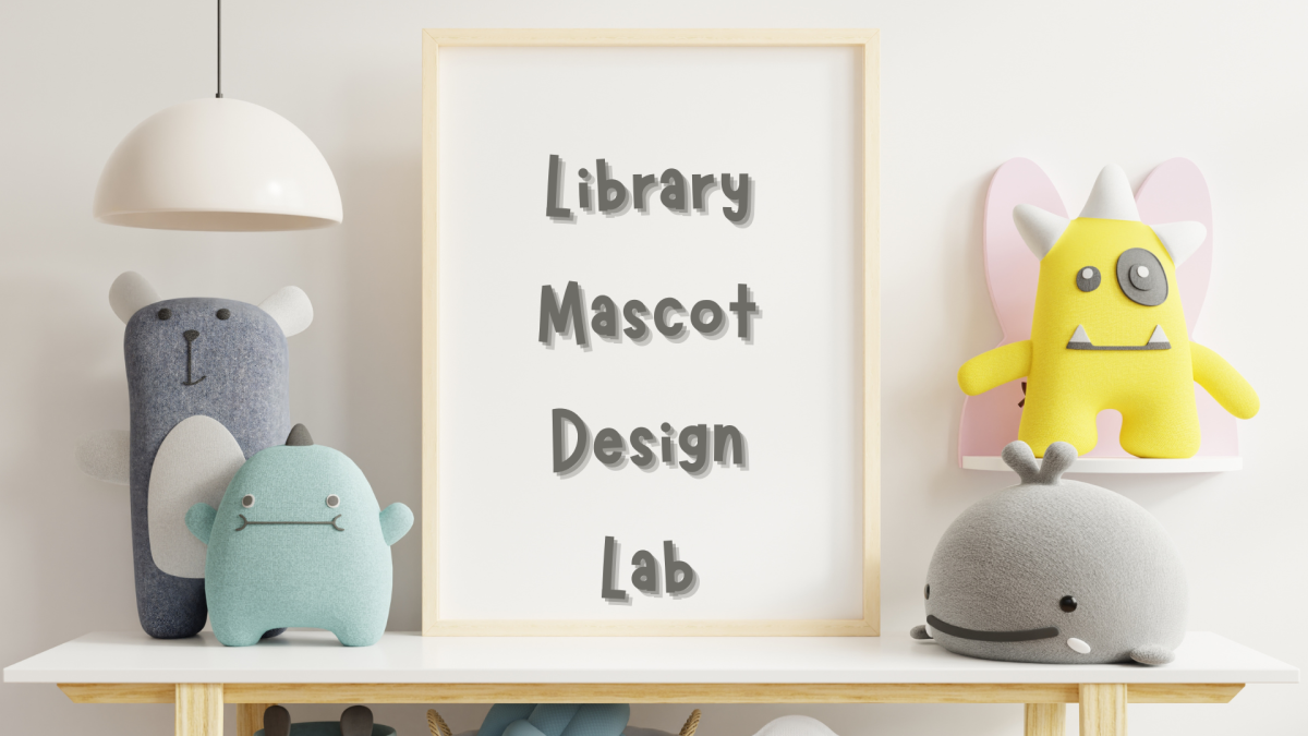 Four cute plush toys surrounding a sign reading 'Library Mascot Design Lab.'