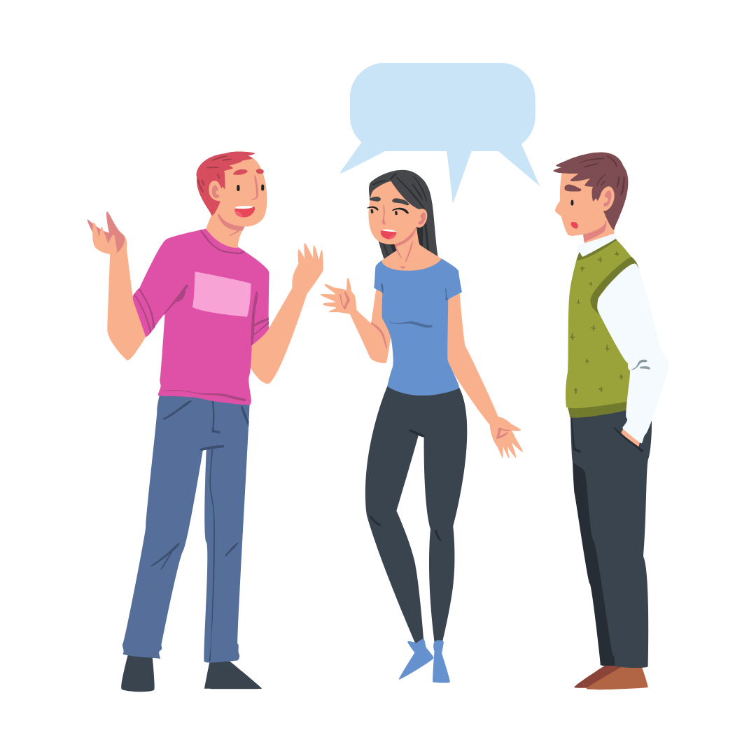 Three adults are standing together, talking and moving their hands and there is a speech bubble that is blank above their heads. 