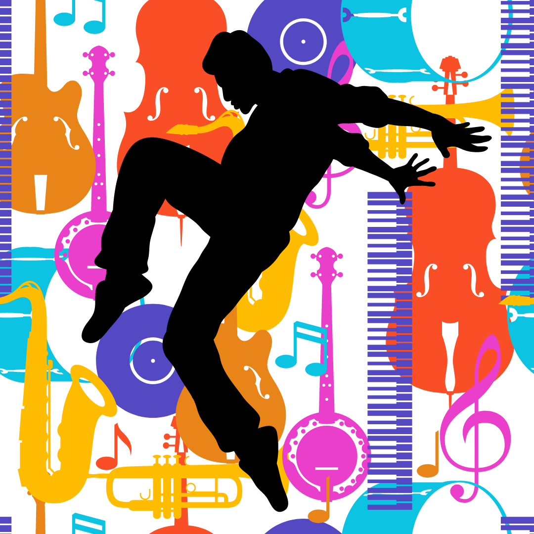 silhouette of jazz dancer in front of a background of jazz instruments 