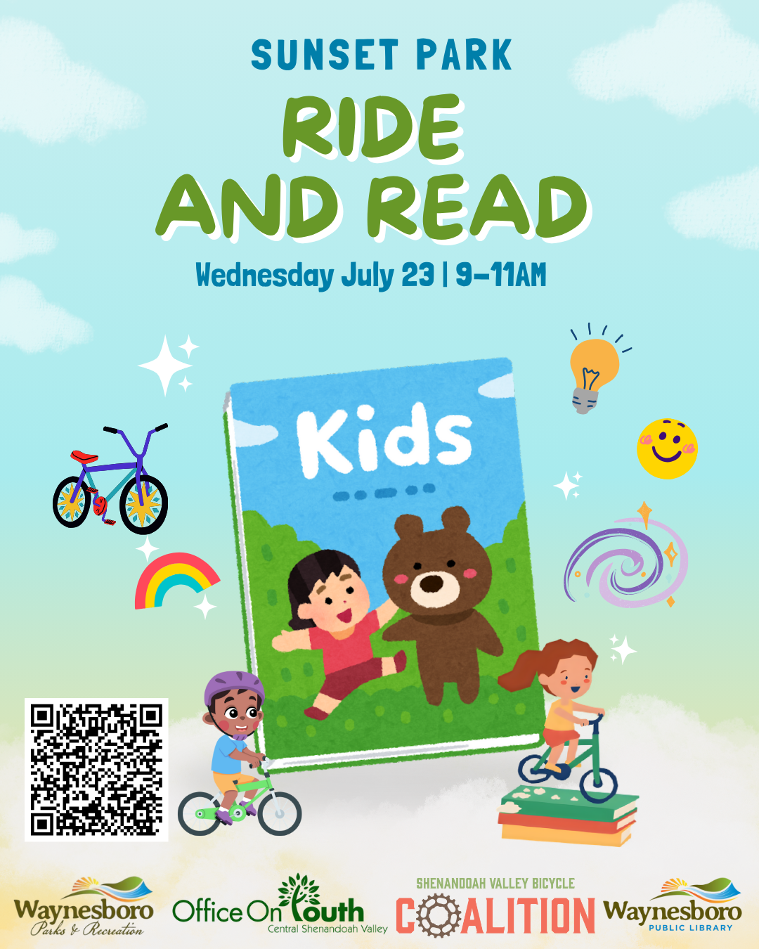 Ride and Read with three bicycles and children riding them and children's book