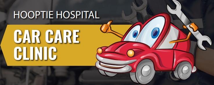 cartoon car with tools and text "Hooptie Hospital Car Care Clinic"